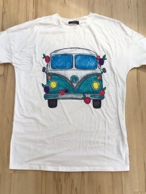 Unisex White Boho Teal Van Hippie Flowers Peace Sign Graphic SS Tee Shirt Large